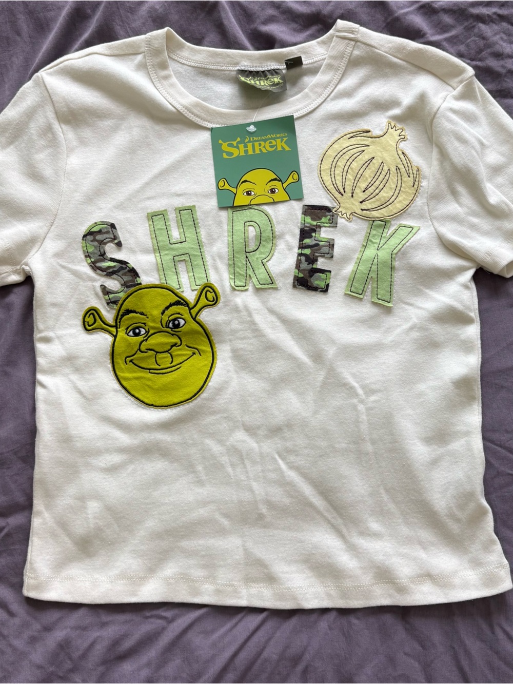 NWT SHREK Dreamworks Cream & Green T-shirt short crop babydoll women's juniors